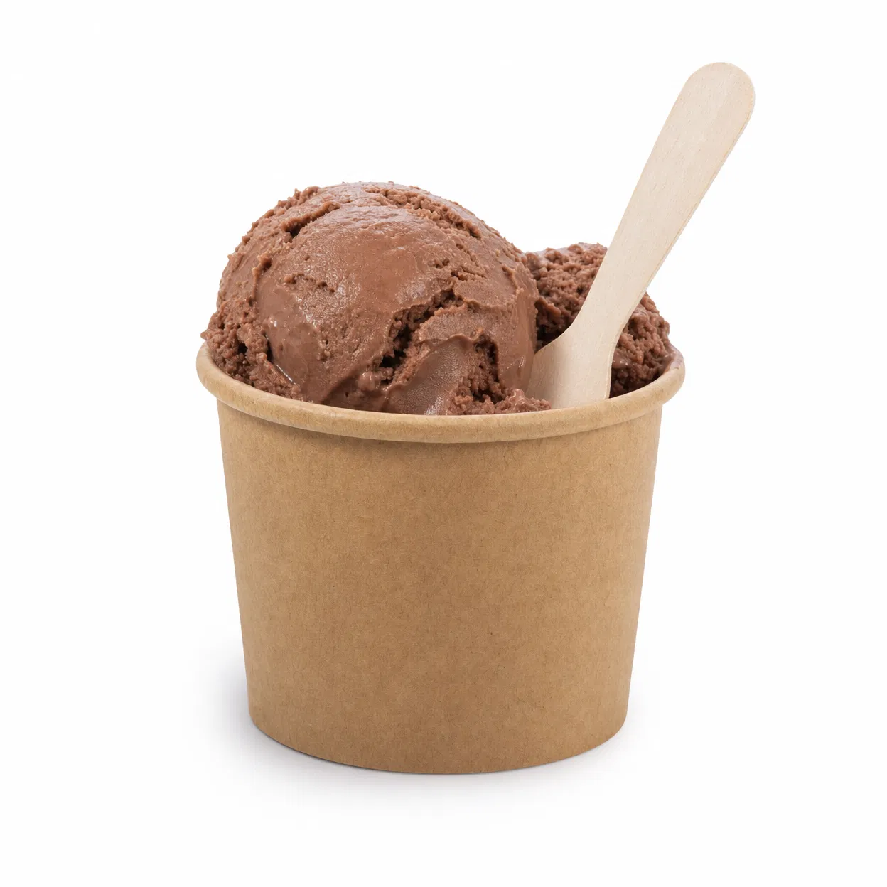 Kraft paper ice cream cup 6oz with chocolate ice cream and wooden spoon — CupsPak
