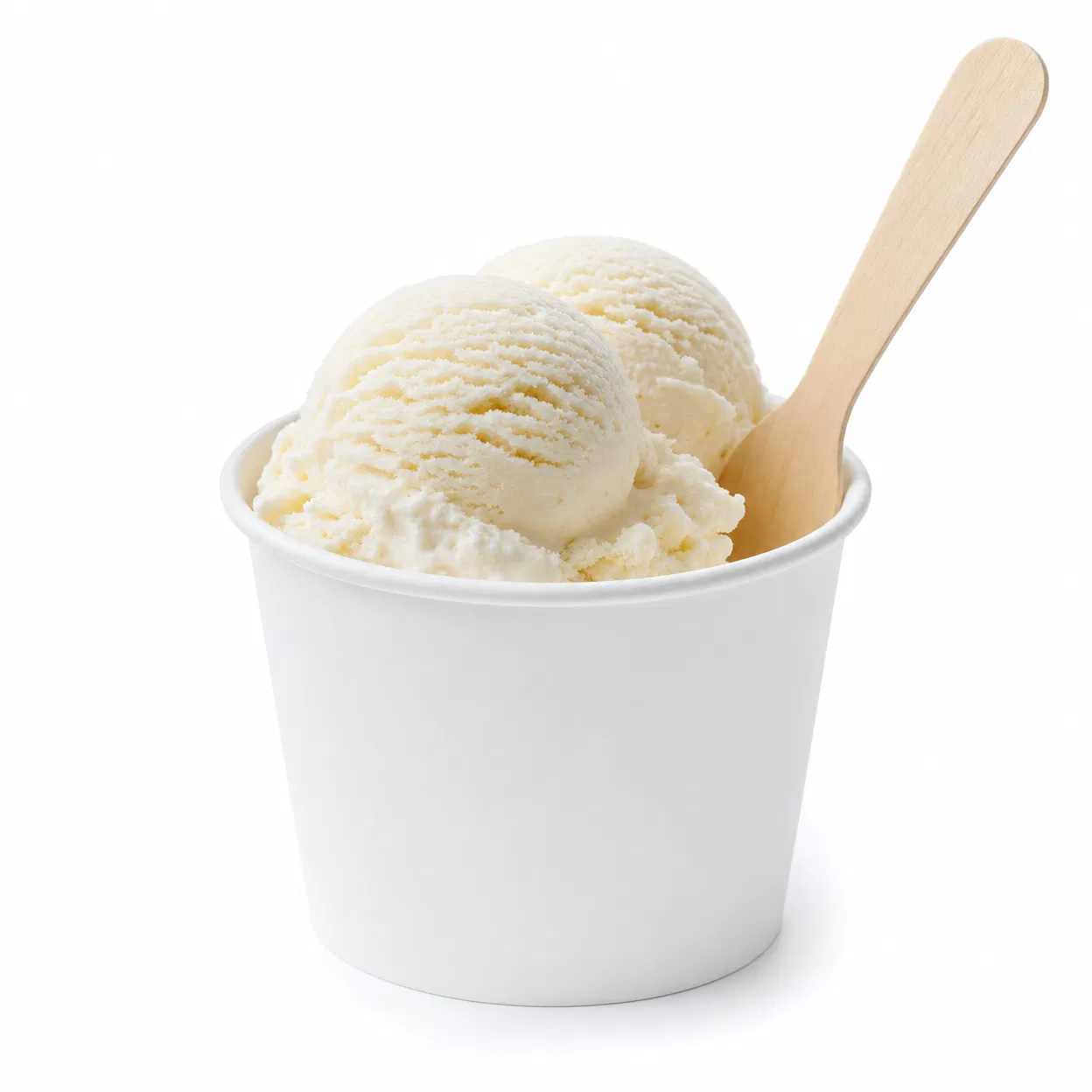 White paper ice cream cup 8oz with vanilla ice cream and wooden spoon — CupsPak