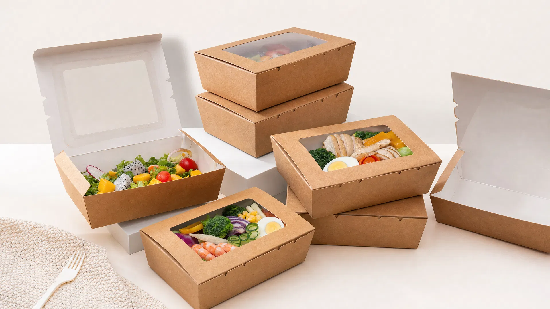 Kraft paper lunch boxes wholesale -- rectangular takeout food containers 400ml to 2100ml, custom printed, PE PLA aqueous coated, bulk order supplier CupsPak