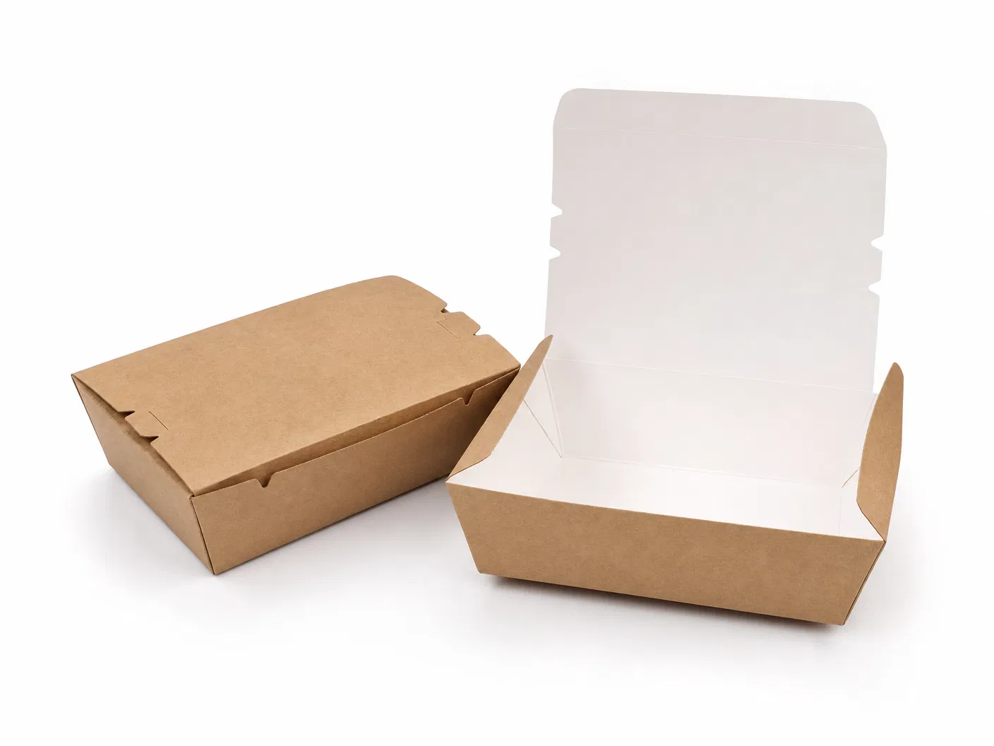 Open kraft paper lunch box showing white PE-coated interior -- 900ml rectangular food container for takeout