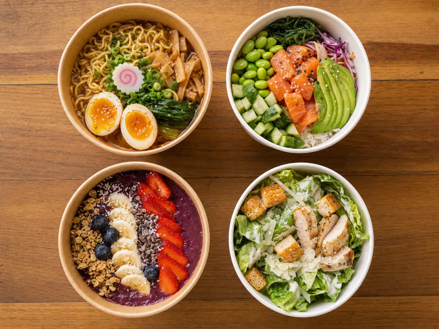 Four paper bowls overhead view: kraft bowl with ramen noodles, white bowl with poke bowl, kraft bowl with açaí, white bowl with caesar salad