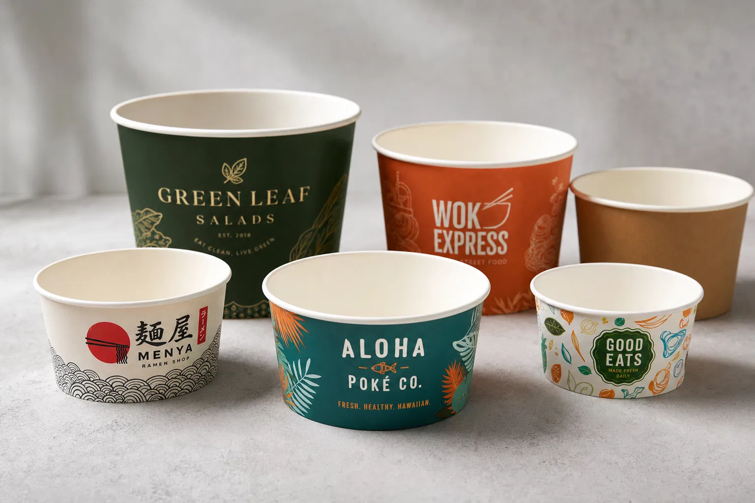 Custom printed paper salad bowls with brand logo — offset printing, Pantone color match