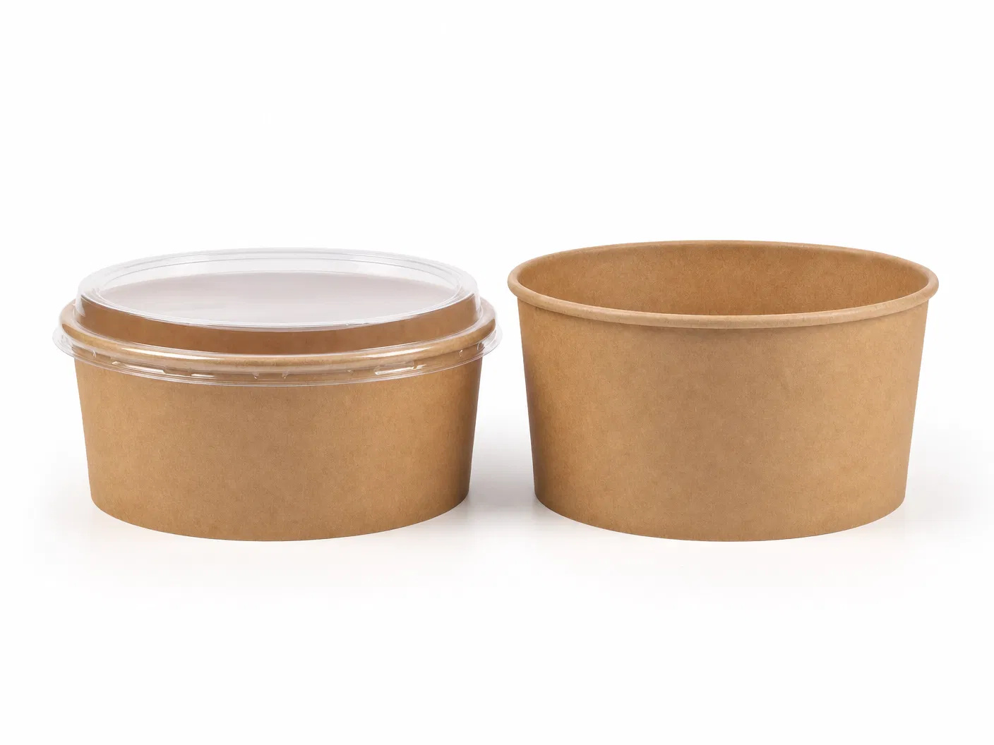 Kraft brown paper bowl with transparent PET lid, 750ml and 1000ml sizes side by side on white background