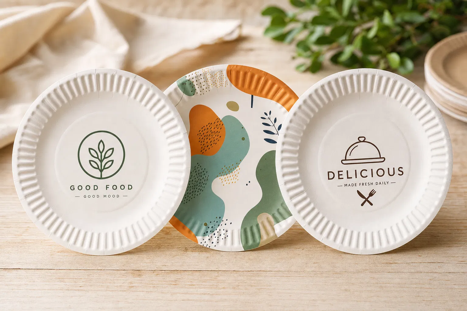 Custom printed paper plates with brand logos and patterns — wholesale custom printed disposable plates for restaurants and events