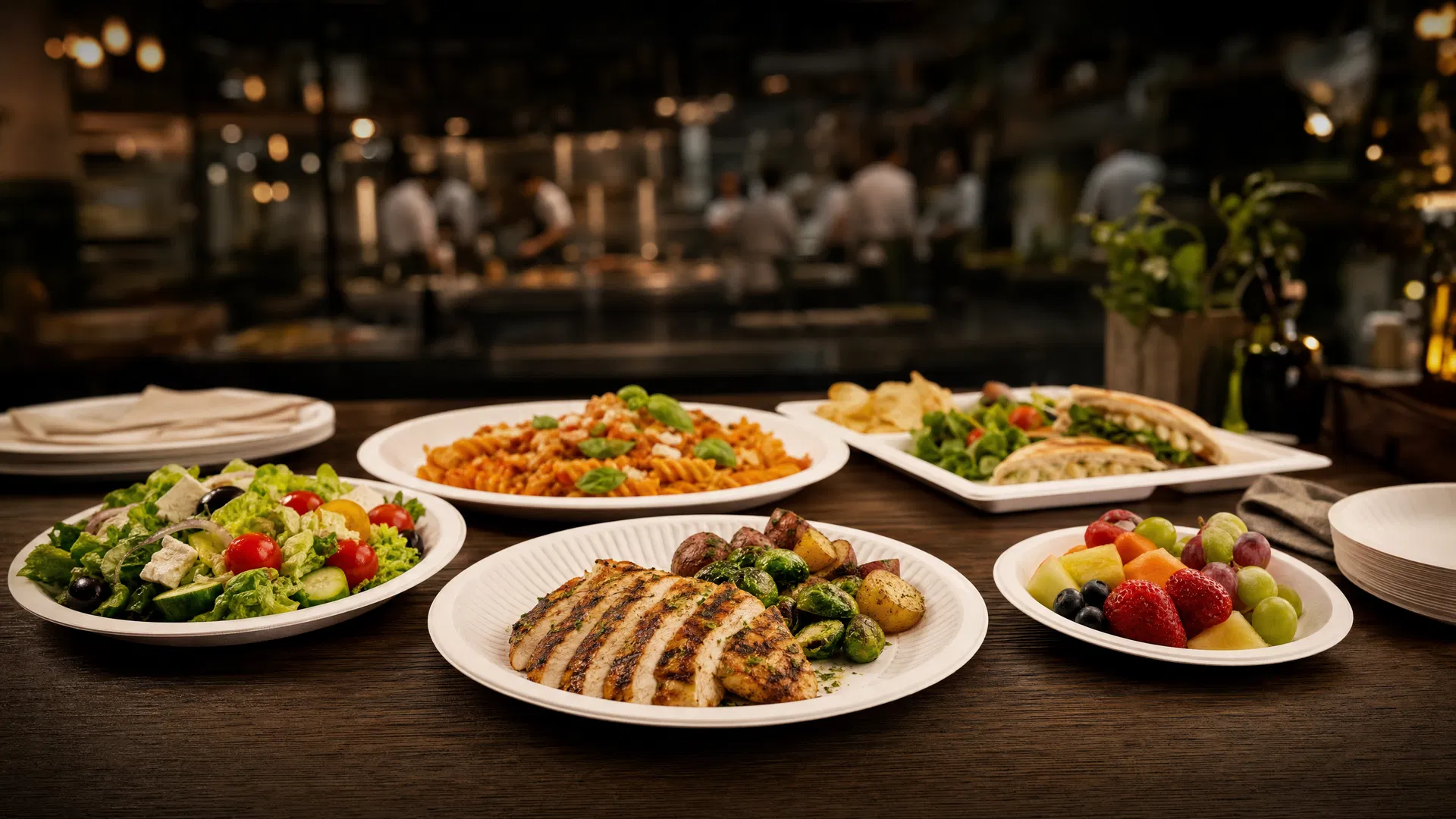 Disposable paper plates in round, rectangular and oval shapes loaded with food in a catering setting — wholesale paper plates supplier CupsPak