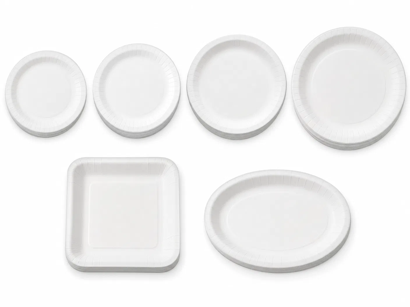 Paper plates in multiple sizes and shapes — 7-inch, 9-inch round plates, rectangular and oval plates on white background, wholesale bulk paper plates