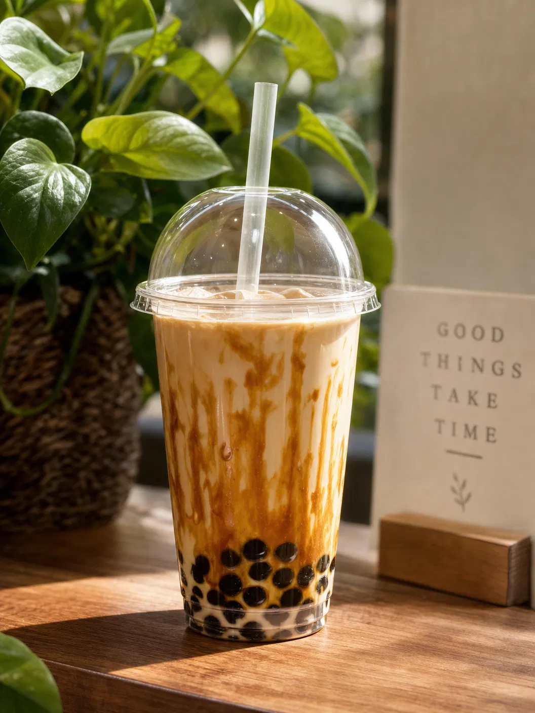 PLA compostable cold cup filled with brown sugar bubble tea, dome lid, cafe setting