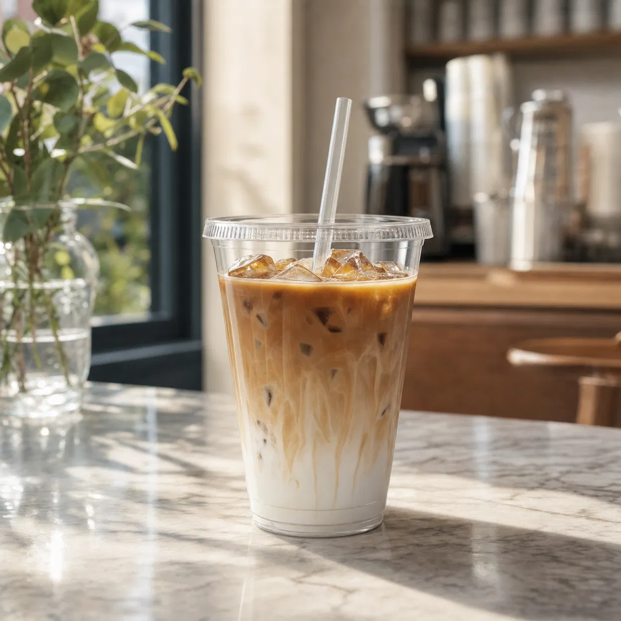 PLA compostable cold cup with iced latte, coffee shop application, flat lid with straw