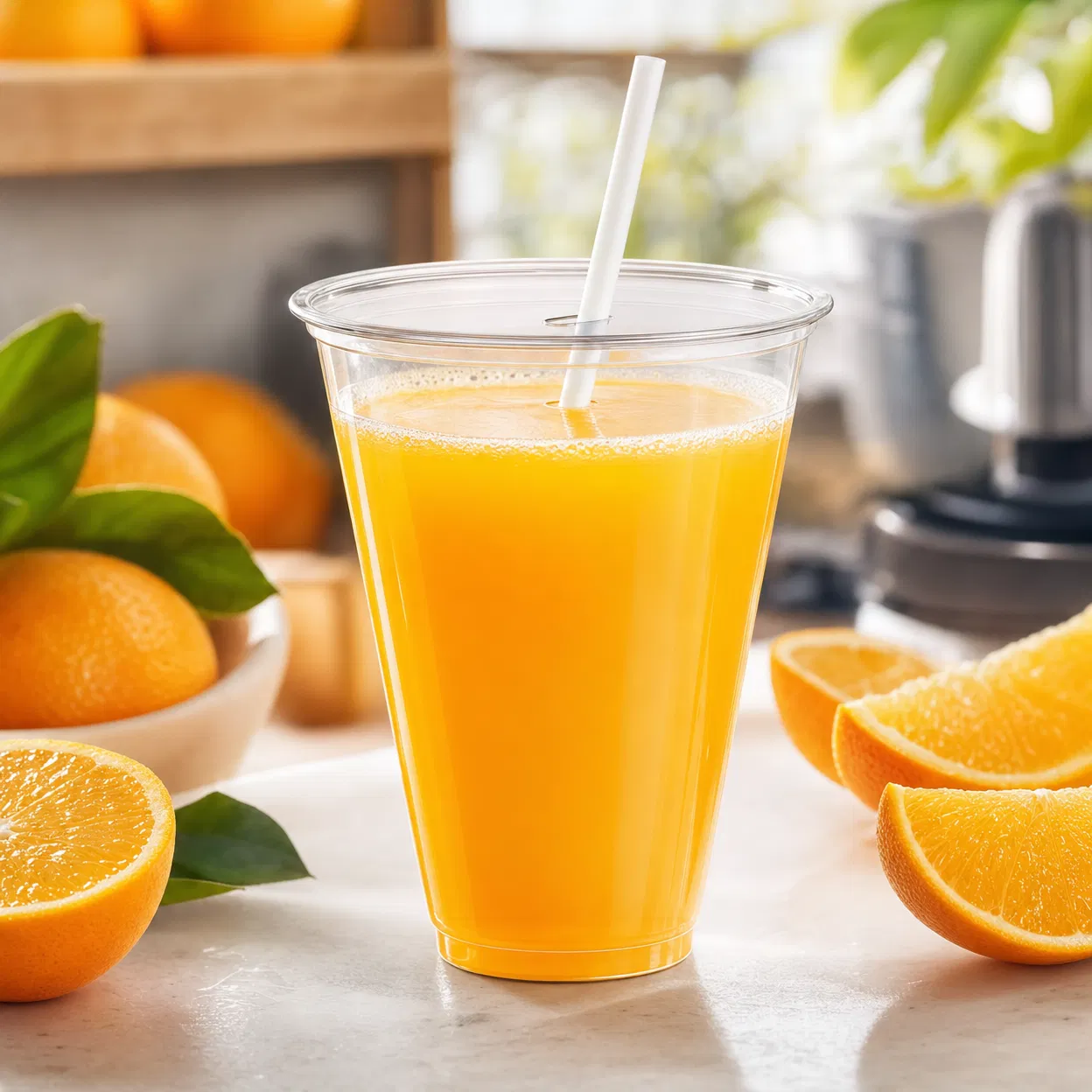 PLA compostable cold cup with fresh orange juice, juice bar application, flat lid