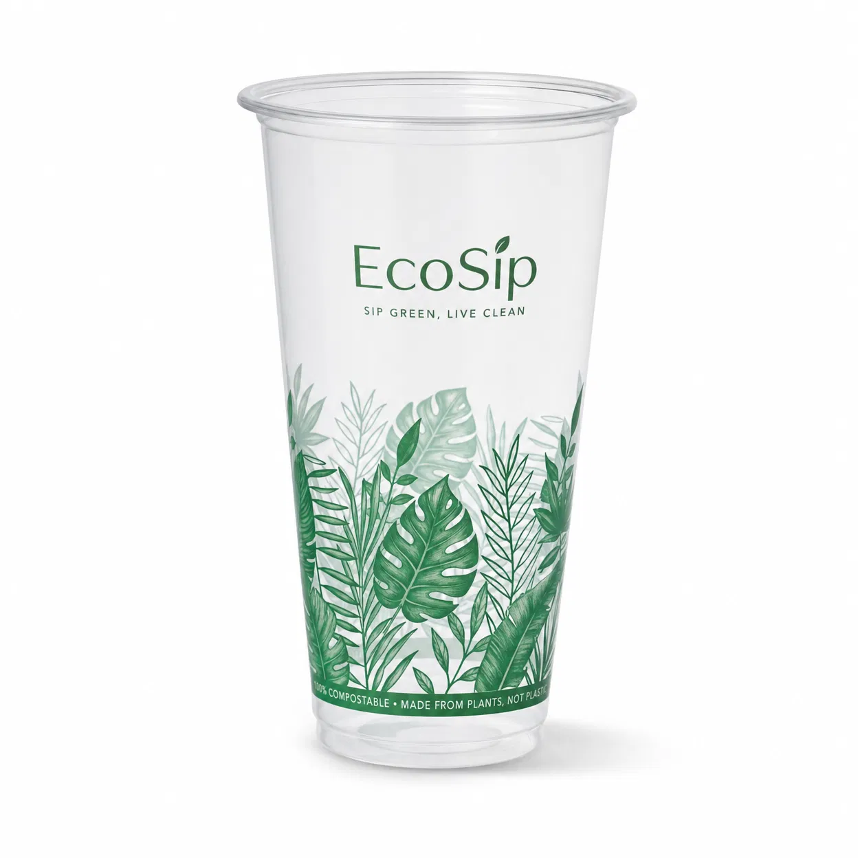 Custom printed PLA compostable cold cup, green botanical design, eco-friendly branding