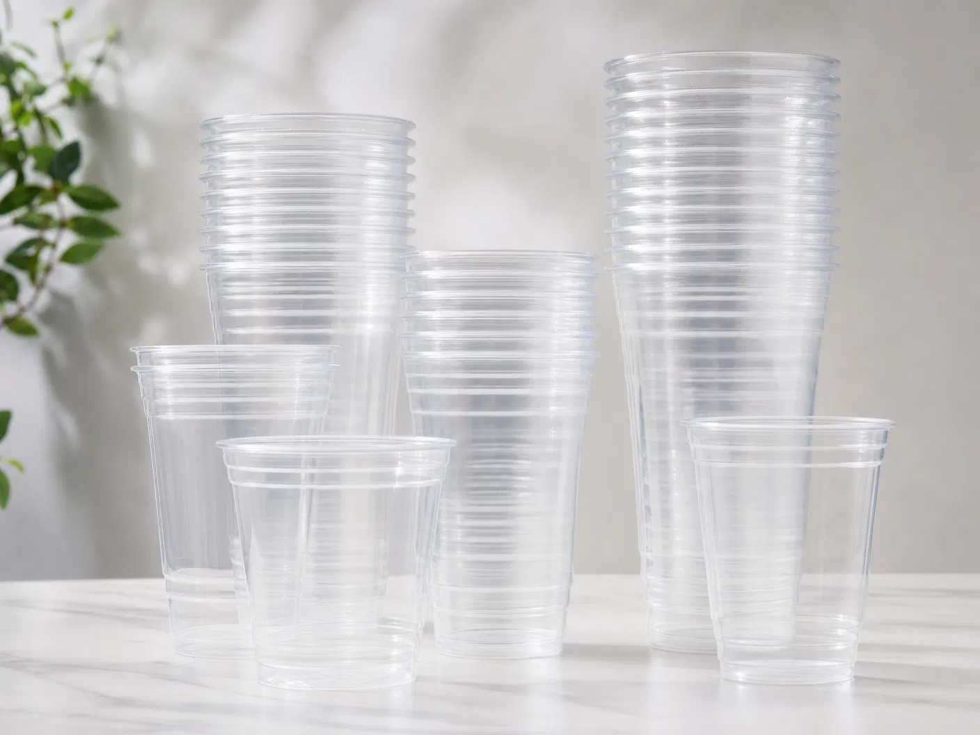 PLA compostable cold cups in multiple sizes stacked, 12oz 16oz 24oz, bulk wholesale