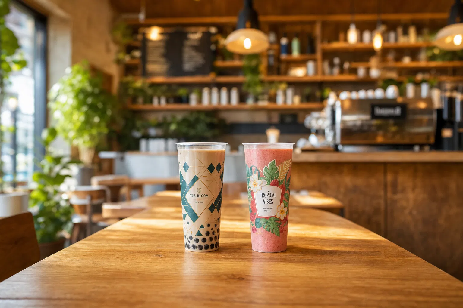 Custom branded PP bubble tea cups in a warm café setting -- offset-printed geometric design and IML tropical label, CupsPak wholesale custom printing
