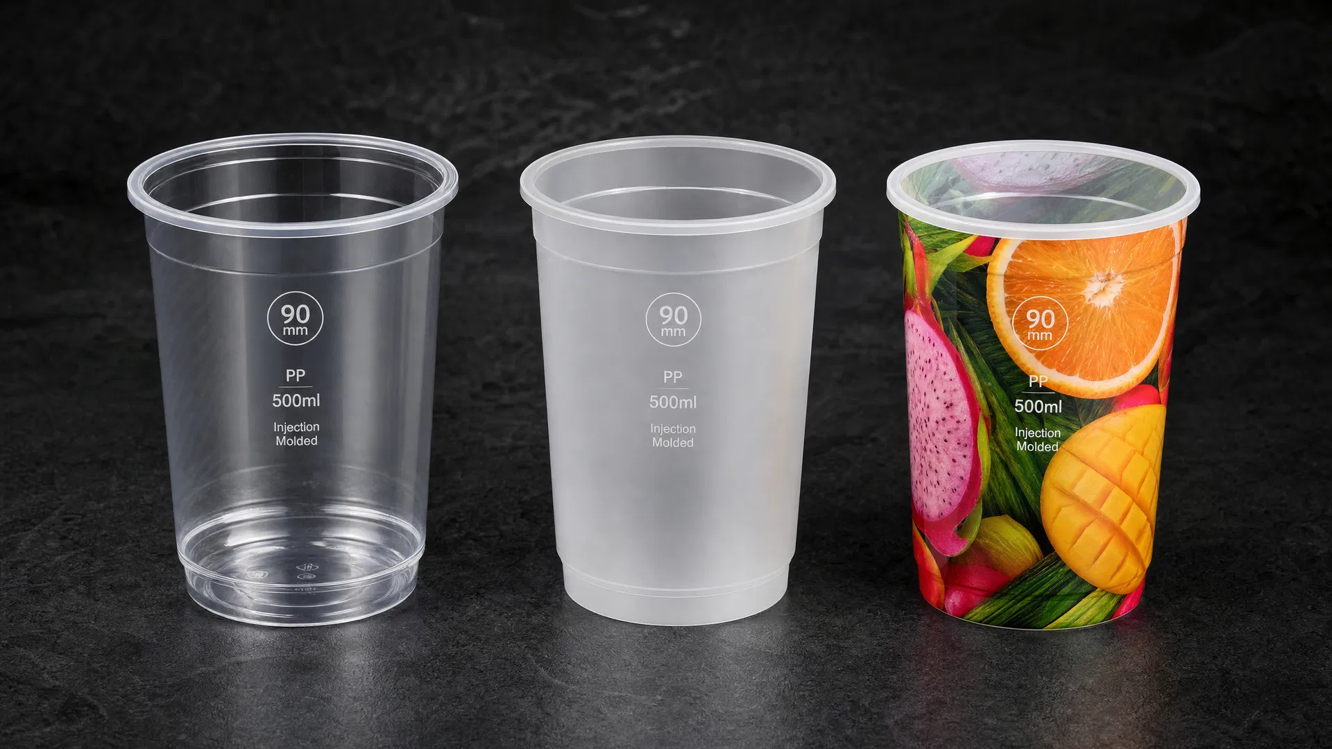 Custom PP injection cups — clear, frosted, and IML full-color wide-mouth cups, 90mm, 12oz to 24oz, CupsPak PP cup supplier