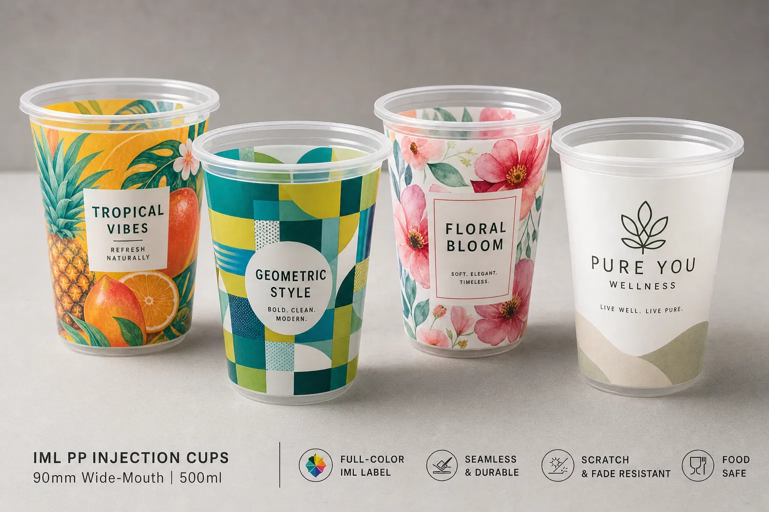 IML PP injection cups showcase — four cups with different full-color in-mold label designs: tropical fruits, geometric, floral, and minimalist brand logo. 90mm wide-mouth, 500ml, CupsPak IML cup supplier