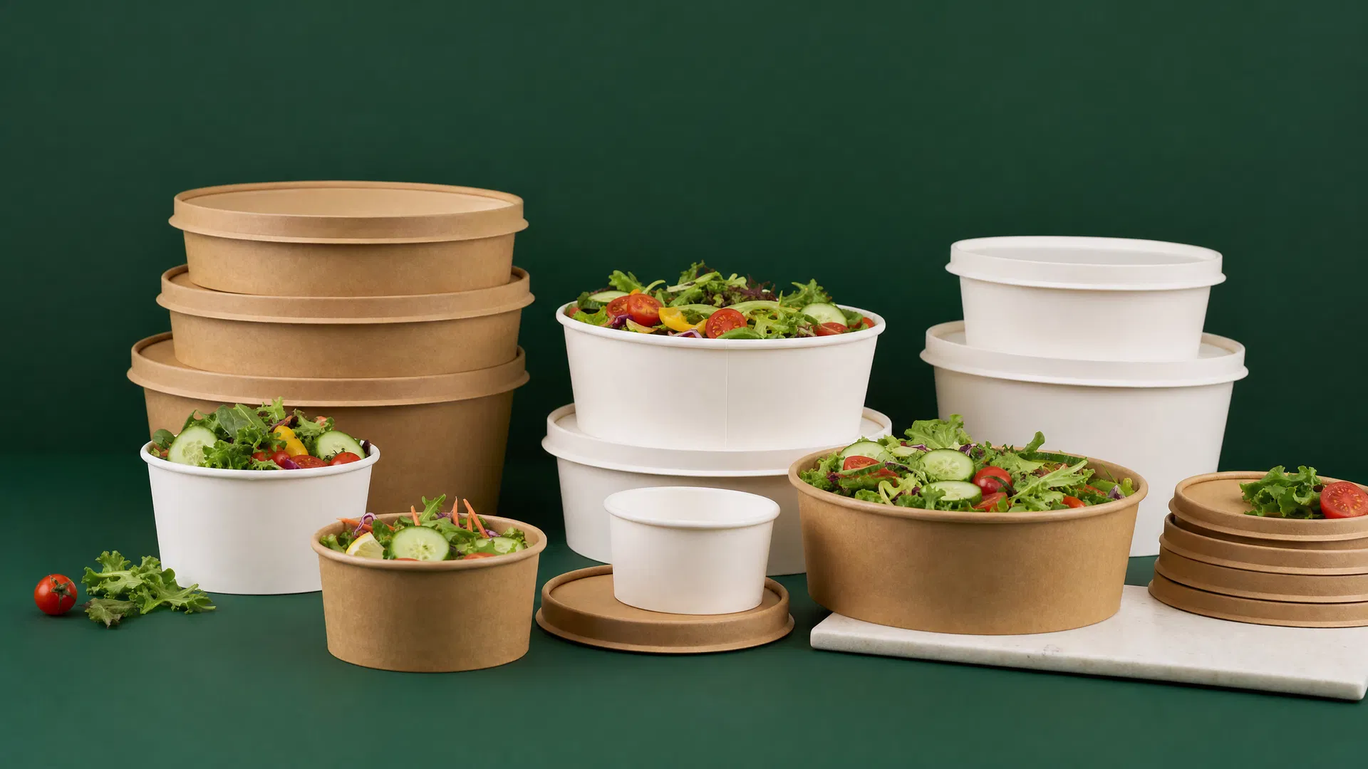 Flat rim paper salad bowls wholesale — kraft and white, multiple sizes