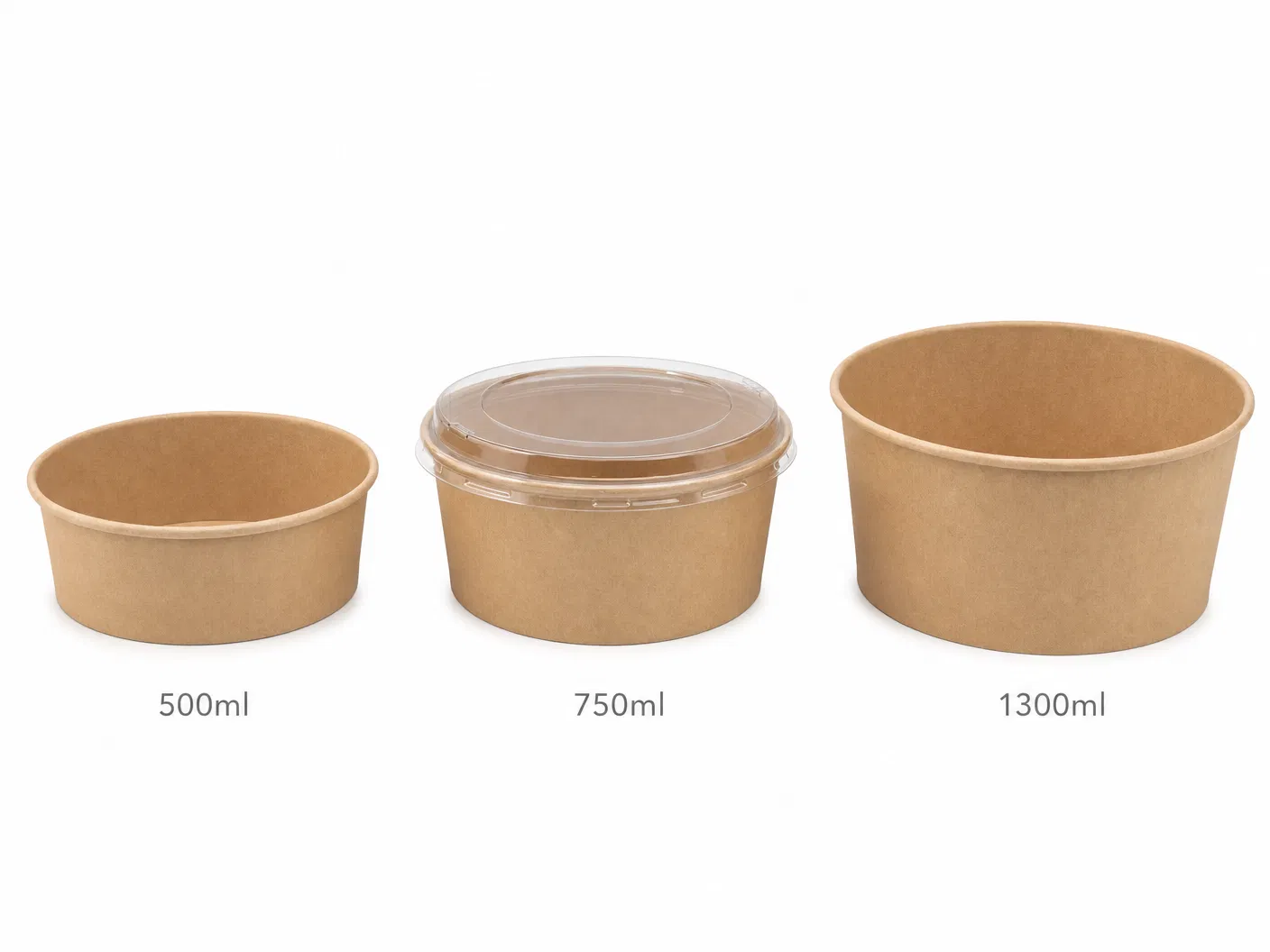 Flat rim paper salad bowls in three sizes — 500ml, 750ml, 1300ml — kraft brown with transparent PET lid