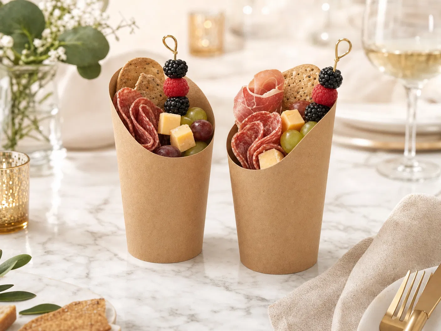 Paper snack cups with charcuterie and appetizers — CupsPak wholesale