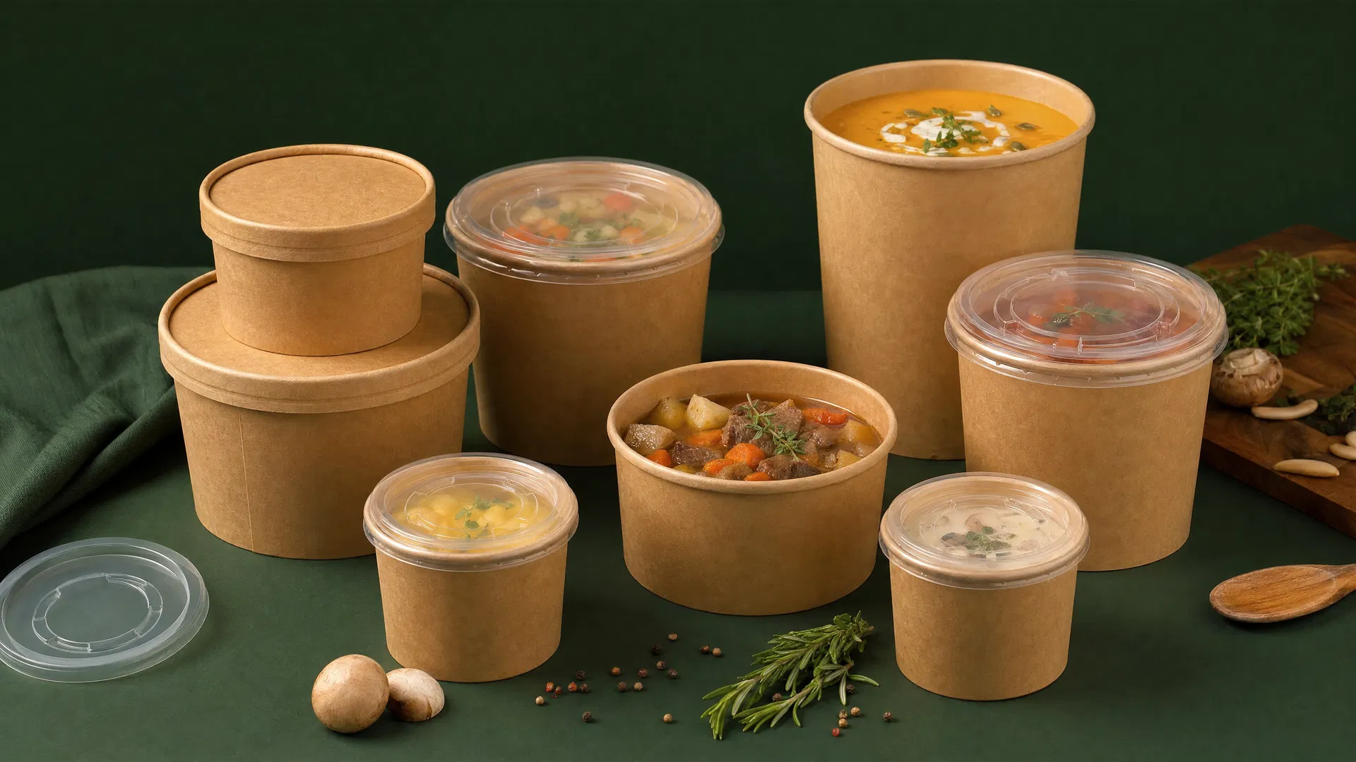 Paper soup containers wholesale — 8oz to 64oz kraft brown soup bowls with PP and paper lids