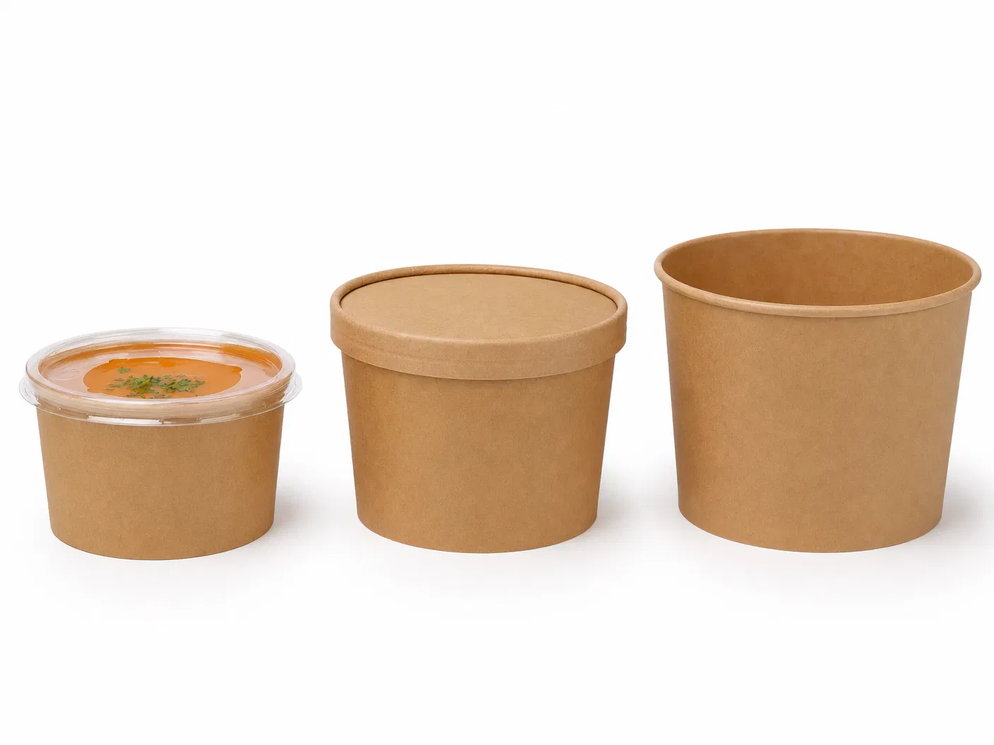 Paper soup containers in three sizes — small 8oz, medium 16oz, large 32oz with PP and paper lids