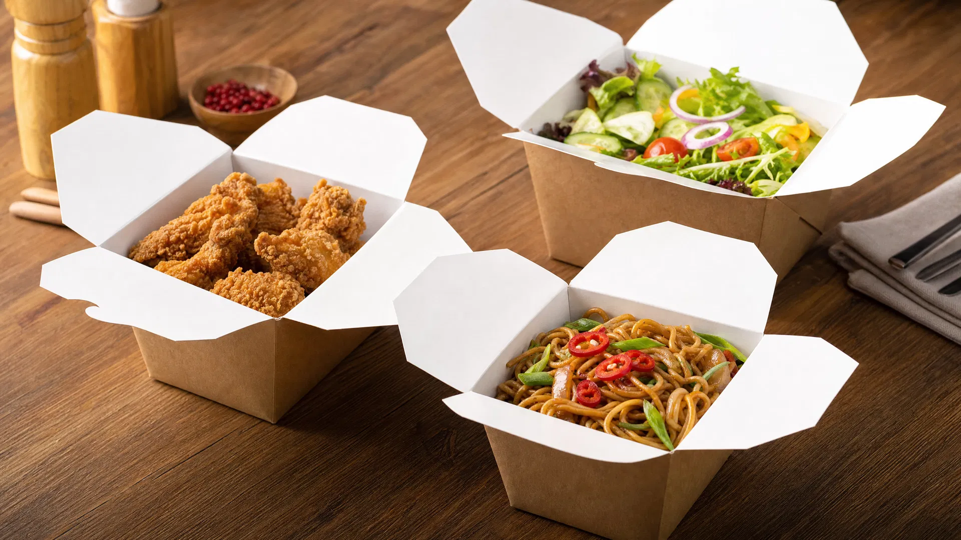 Take out boxes filled with noodles and Asian food -- grease-resistant kraft paper takeout containers in use