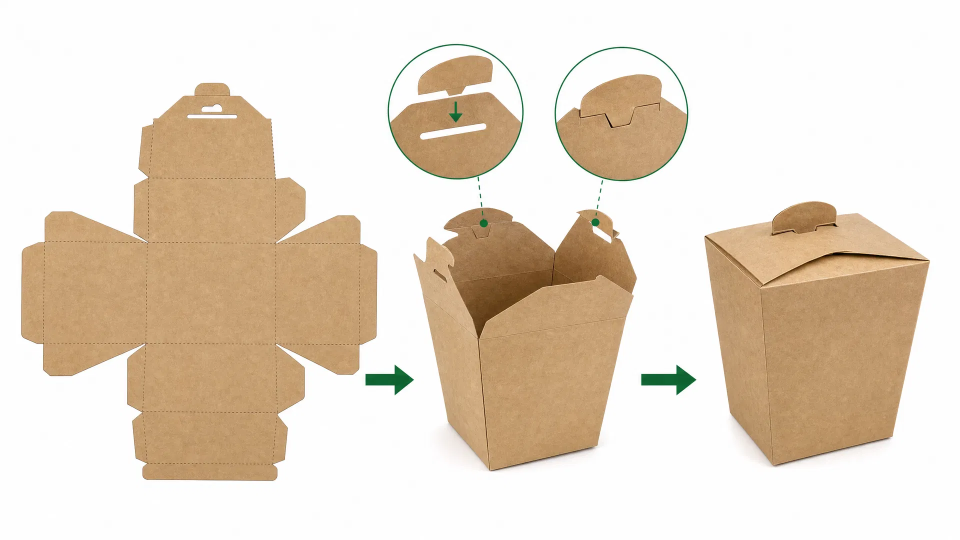 Take out box assembly diagram -- folded-top snap-lock closure and flat-pack stacking wholesale