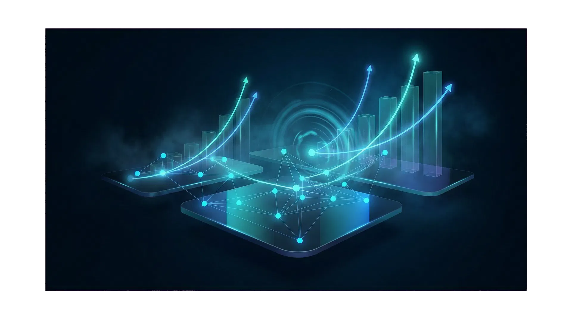 Visual abstracto de métricas, crecimiento y rendimiento operativo