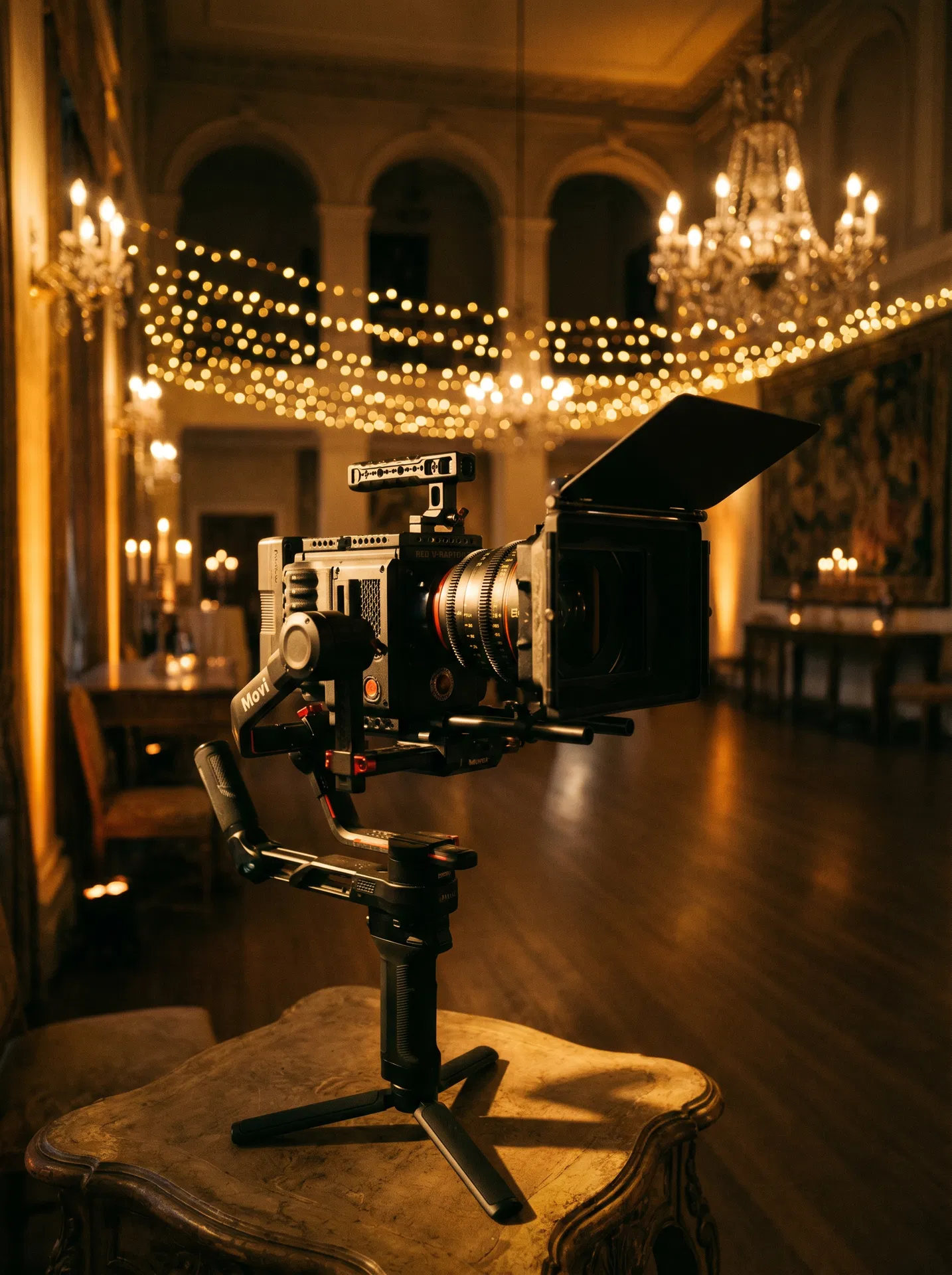 Professional cinema camera in a luxury wedding venue