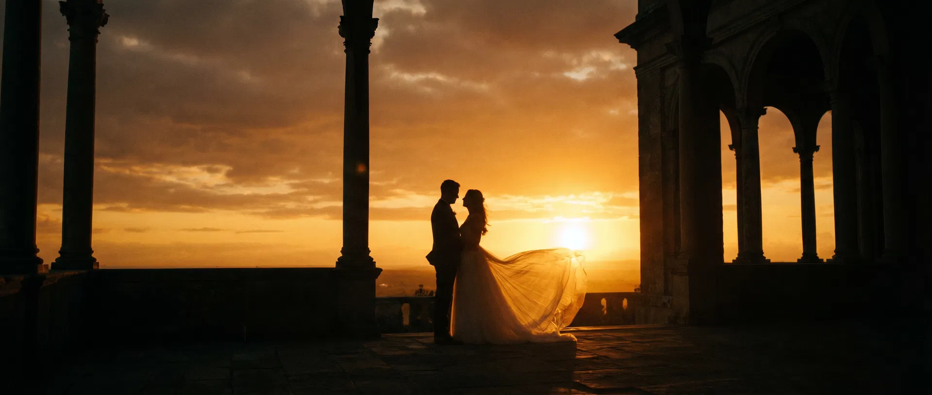 Cinematic wedding scene at golden hour