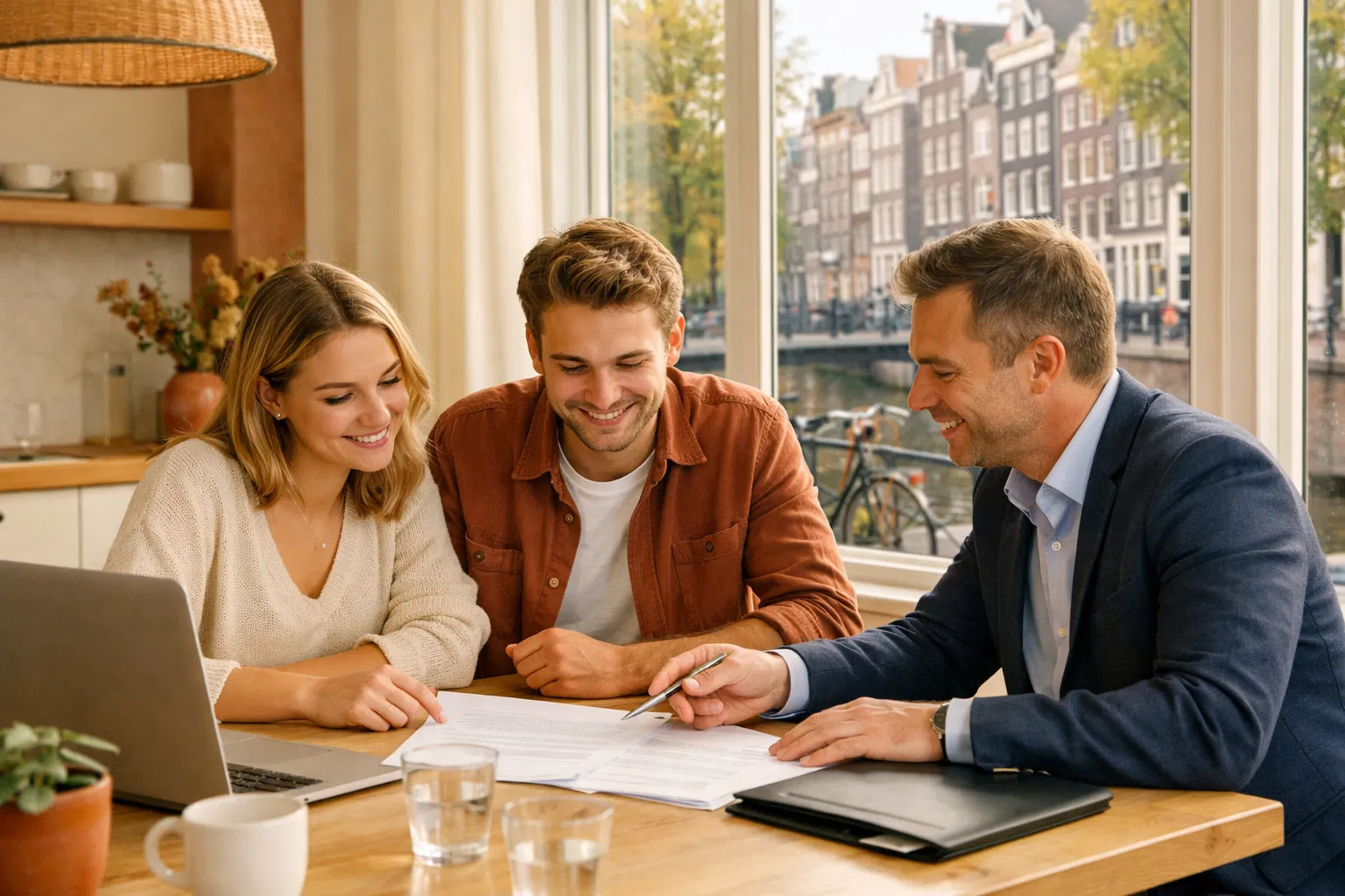 Jong stel bespreekt hypotheek met adviseur in Amsterdam