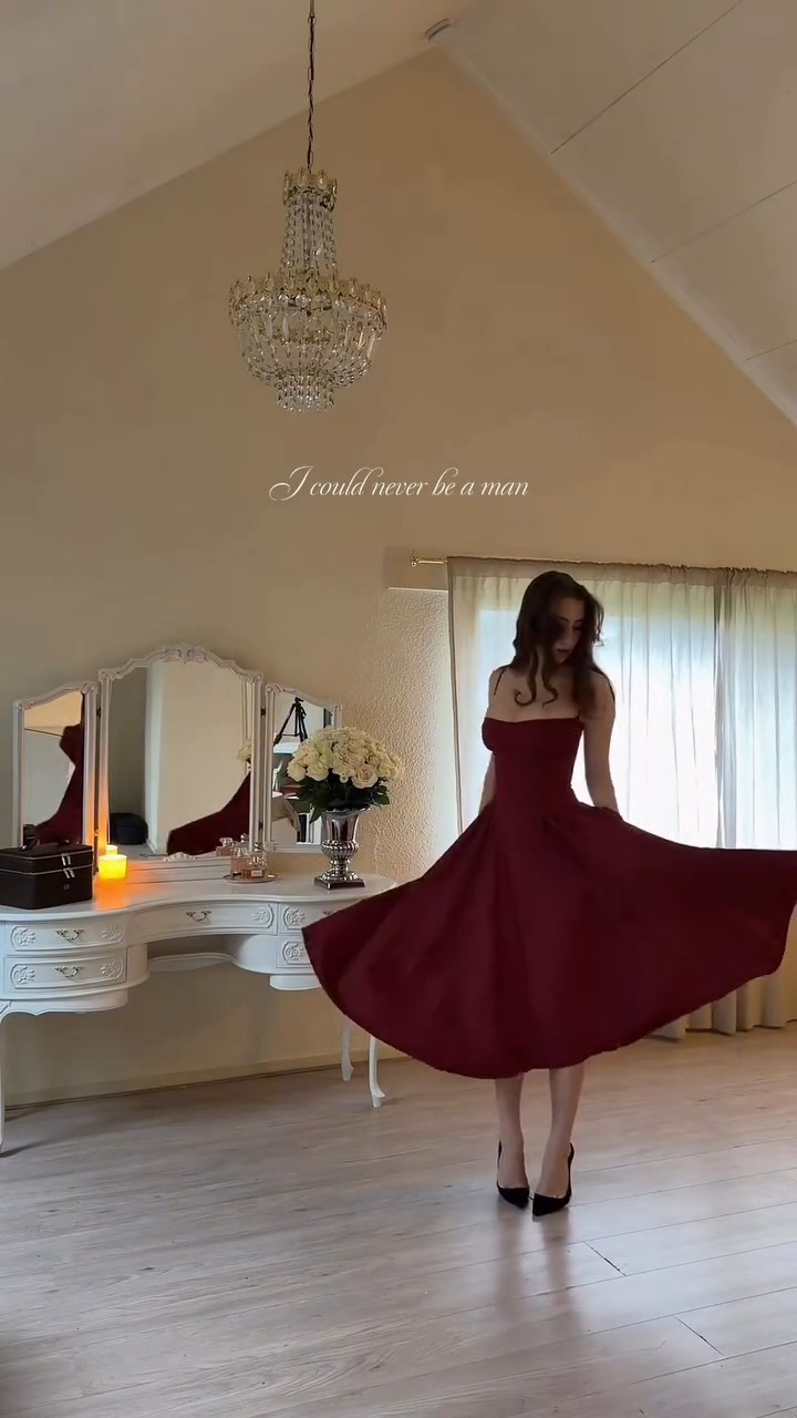 classic elegant, formal deep burgundy cocktail dress — sweetheart neckline, spaghetti straps, midi length, full circle skirt