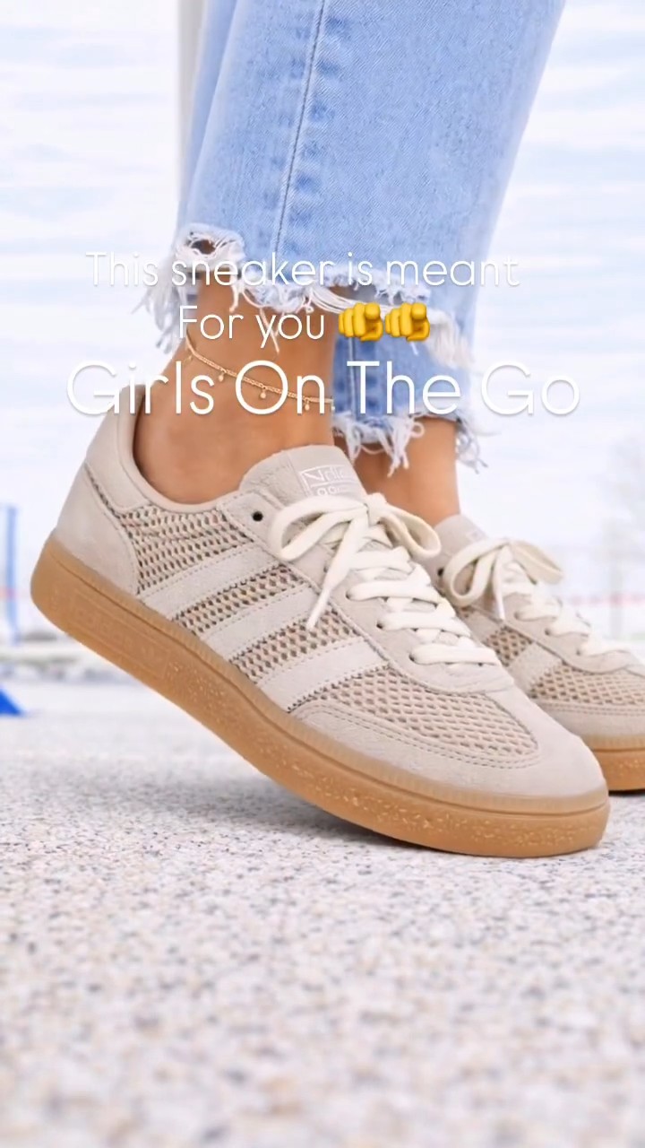 Adidas light beige with gum sole sneakers — perforated mesh side panels, three stripes branding, gum rubber sole, lace-up closure, low-top silhouette