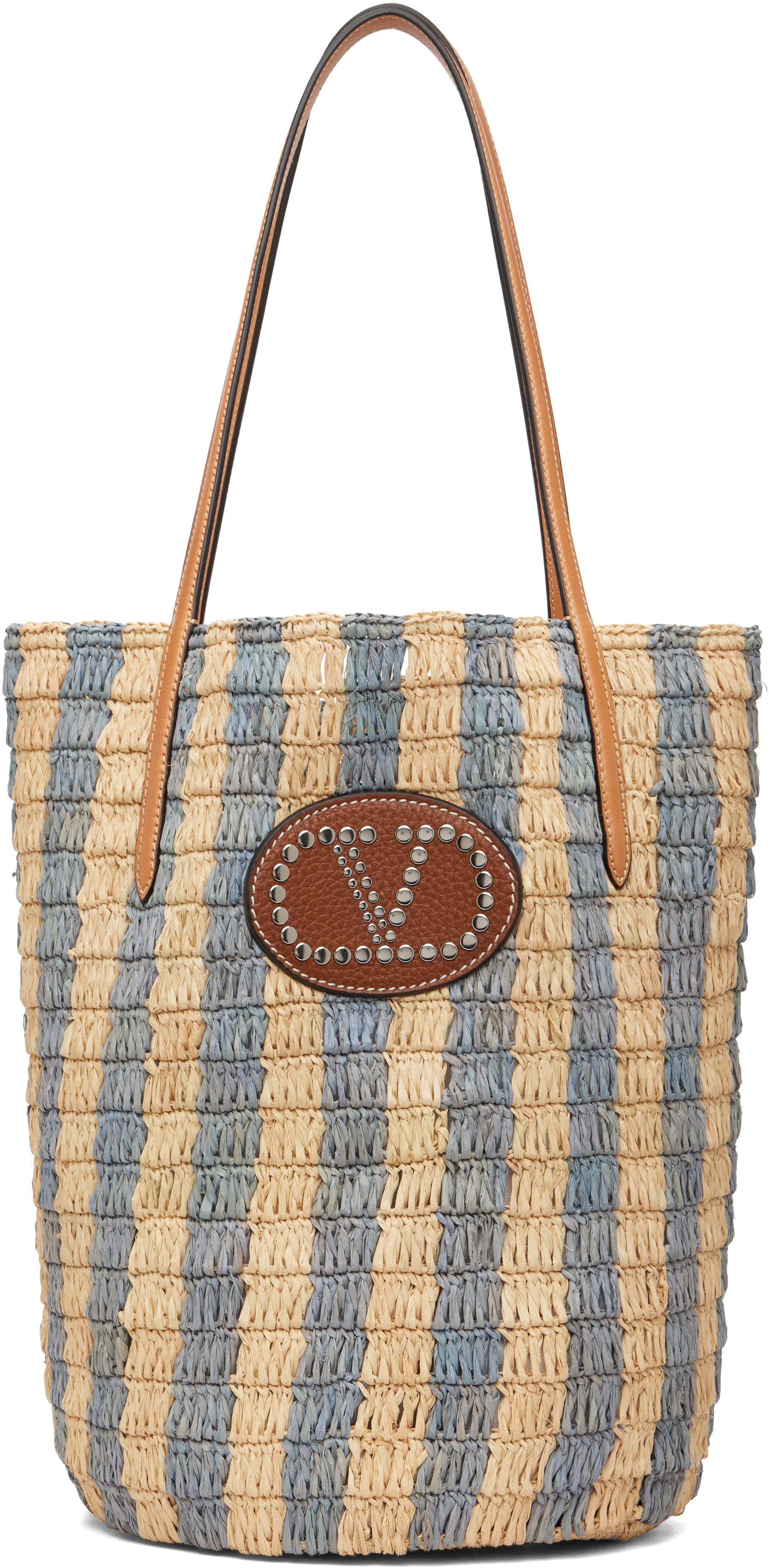 Valentino Garavani Beige & Blue Striped Raffia Shopping Tote