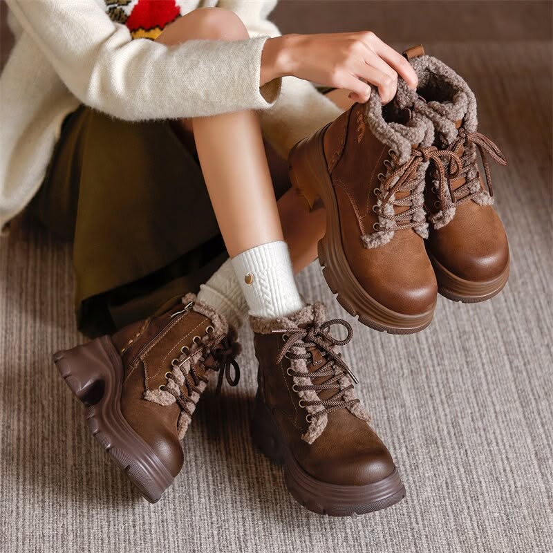 Casual Brown Leather Combat Boots — Lace-up Front, Plush Shearling