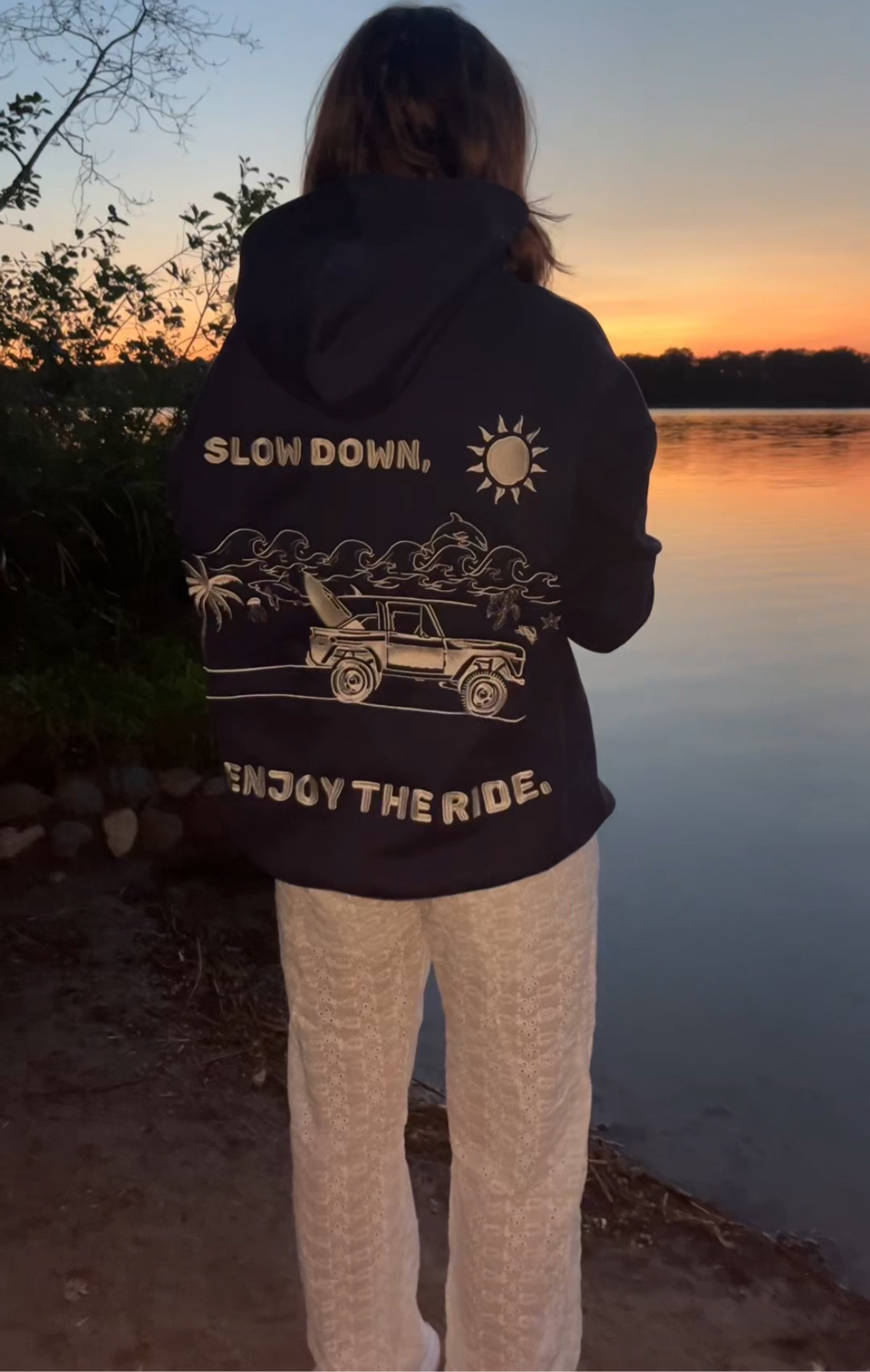 Casual Dark Navy Blue Hoodie — Slow Down Enjoy the Ride Text