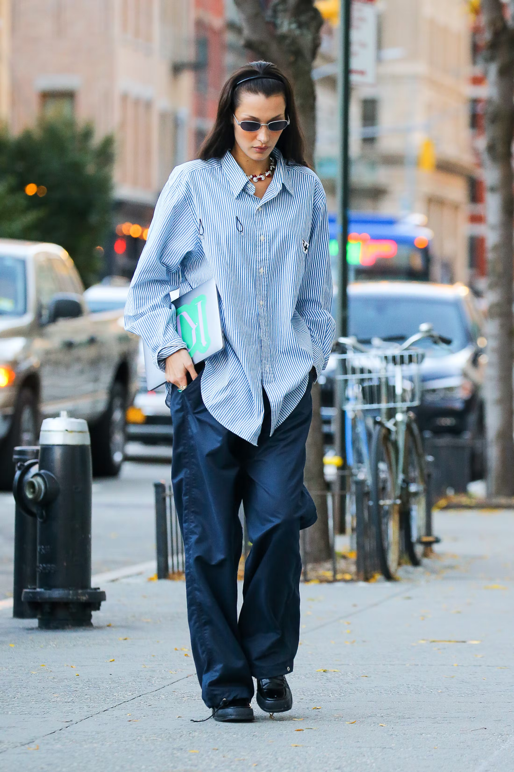 Bella Hadid Blue and White Button-up Shirt — Pointed Collar, Long
