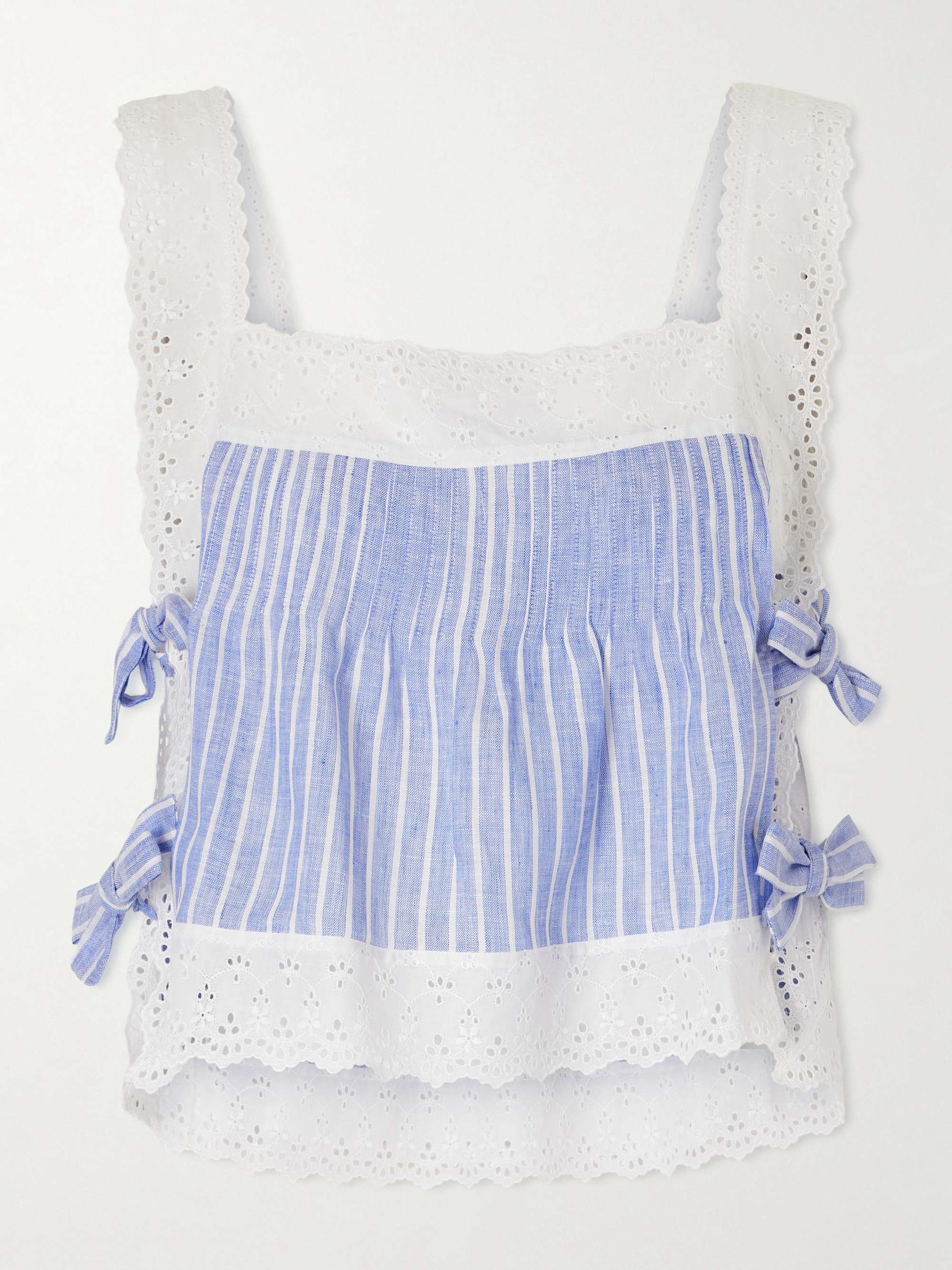 LORETTA CAPONI Fiocchini pleated striped broderie anglaise-trimmed linen top