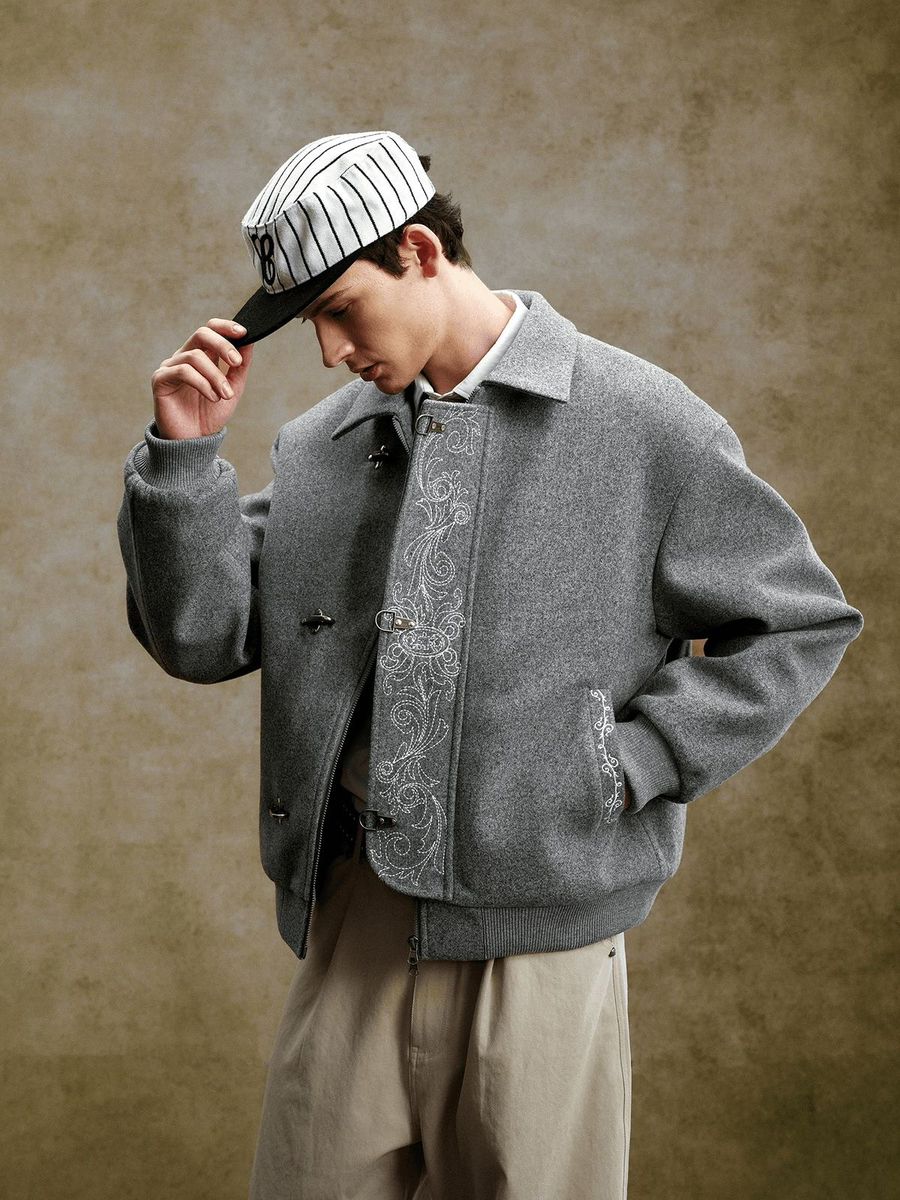 Streetwear Heather Grey Wool Bomber Jacket — Point Collar, Metal
