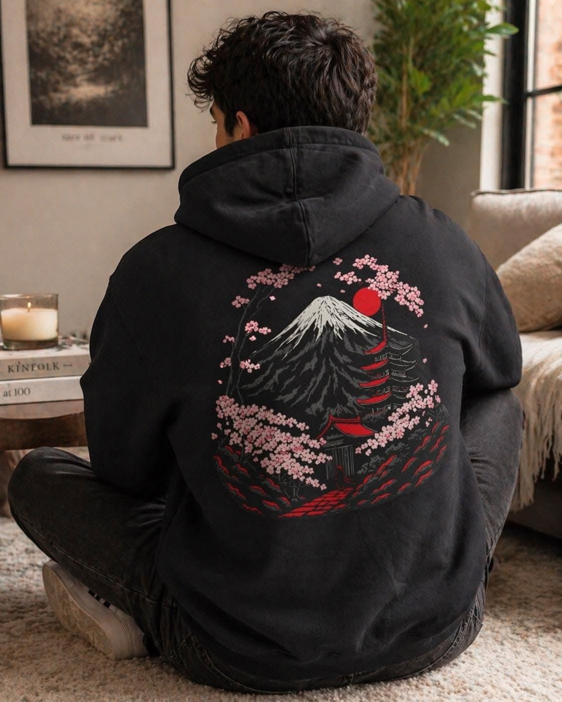 Casual Faded Black Hoodie — Mount Fuji Graphic Print, Cherry Blossom