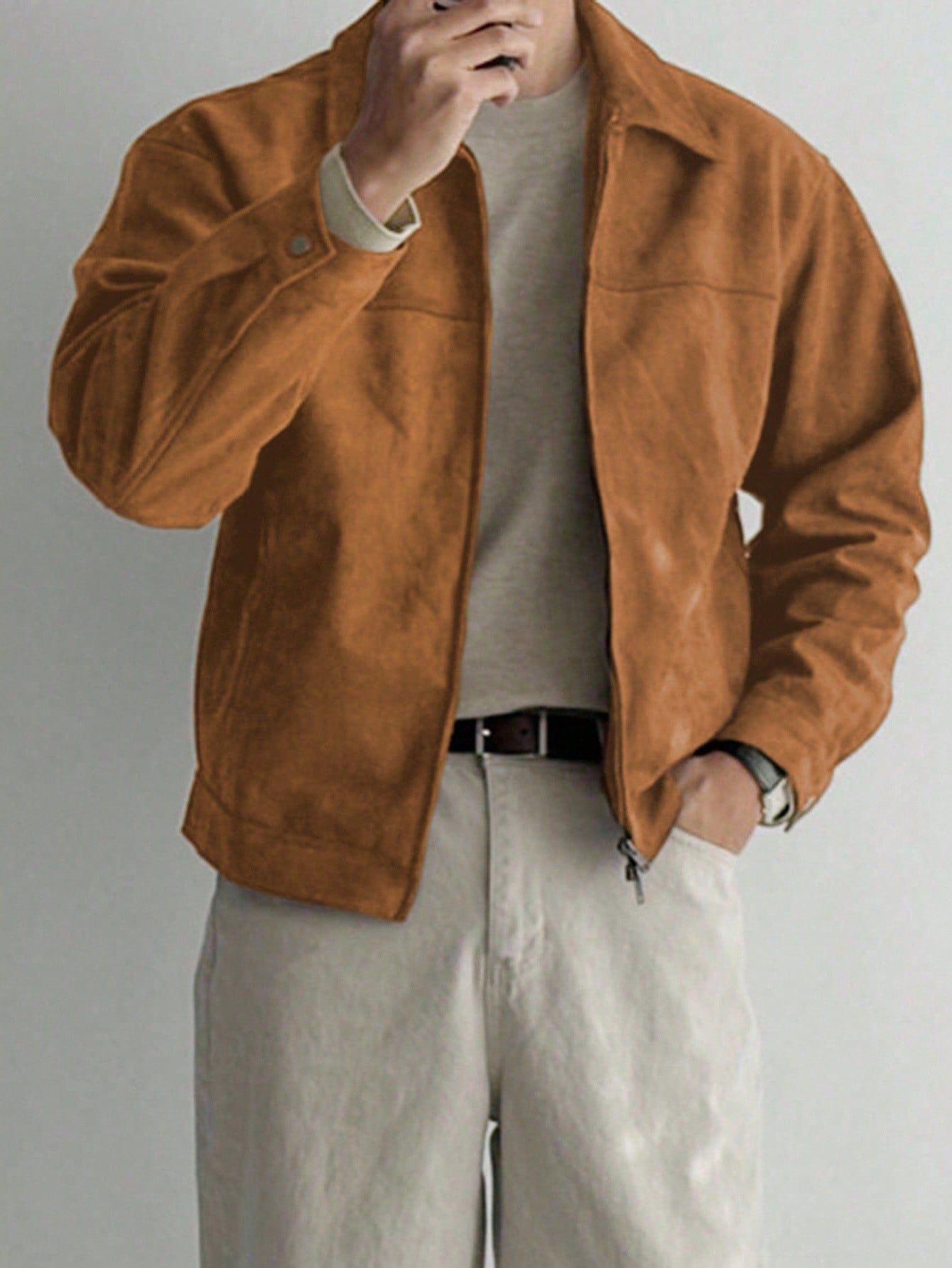 Minimalist Camel Brown Suede Jacket — Shirt Collar, Full Zip Front