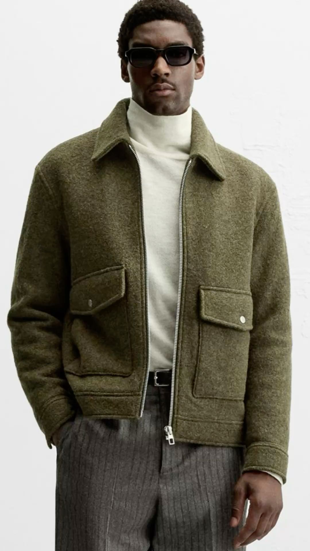 Minimalist Olive Green Wool Jacket — Full Zip Closure, Point Collar