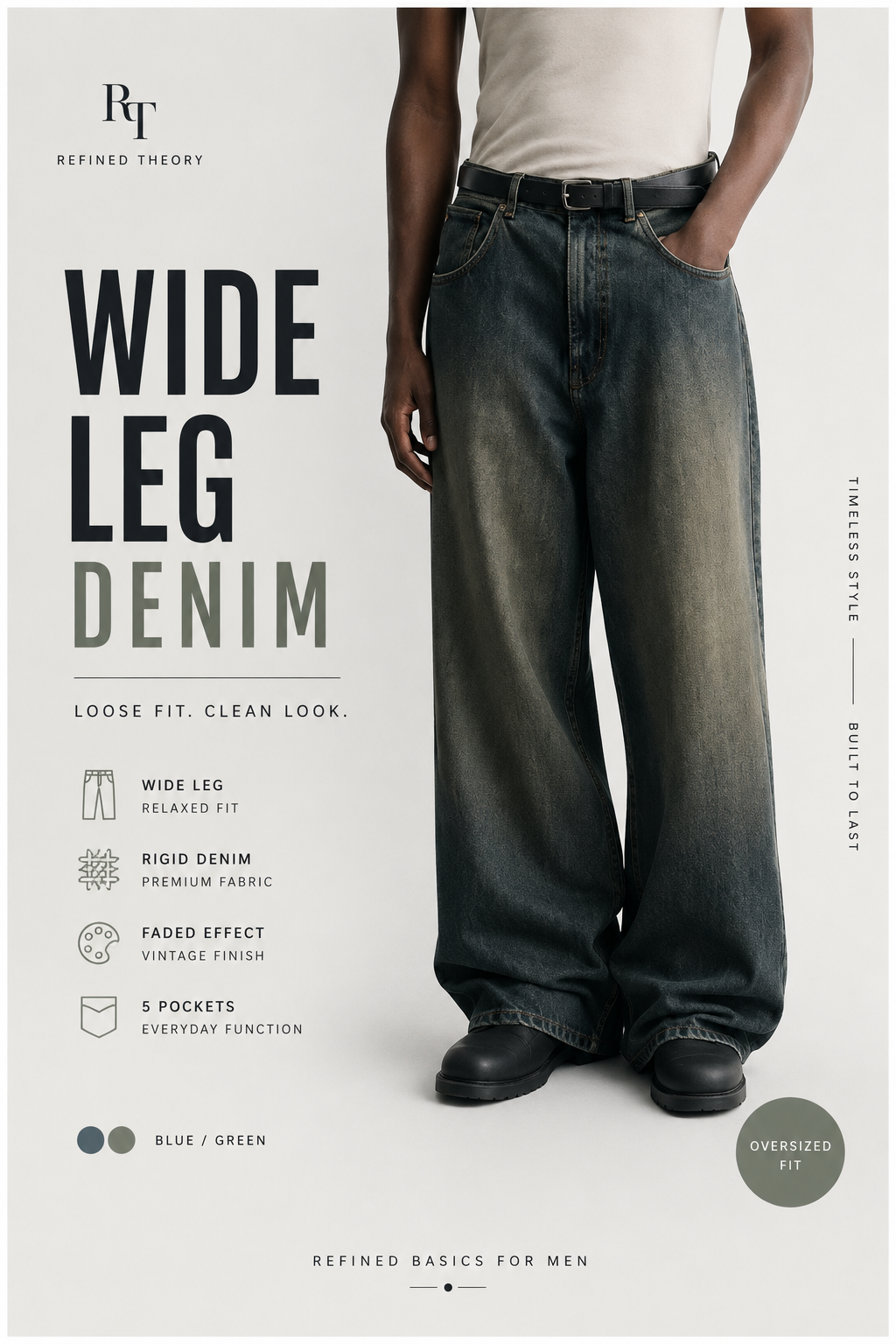 Refined Theory faded dark wash blue green jeans — faded effect vintage finish, classic 5-pocket styling