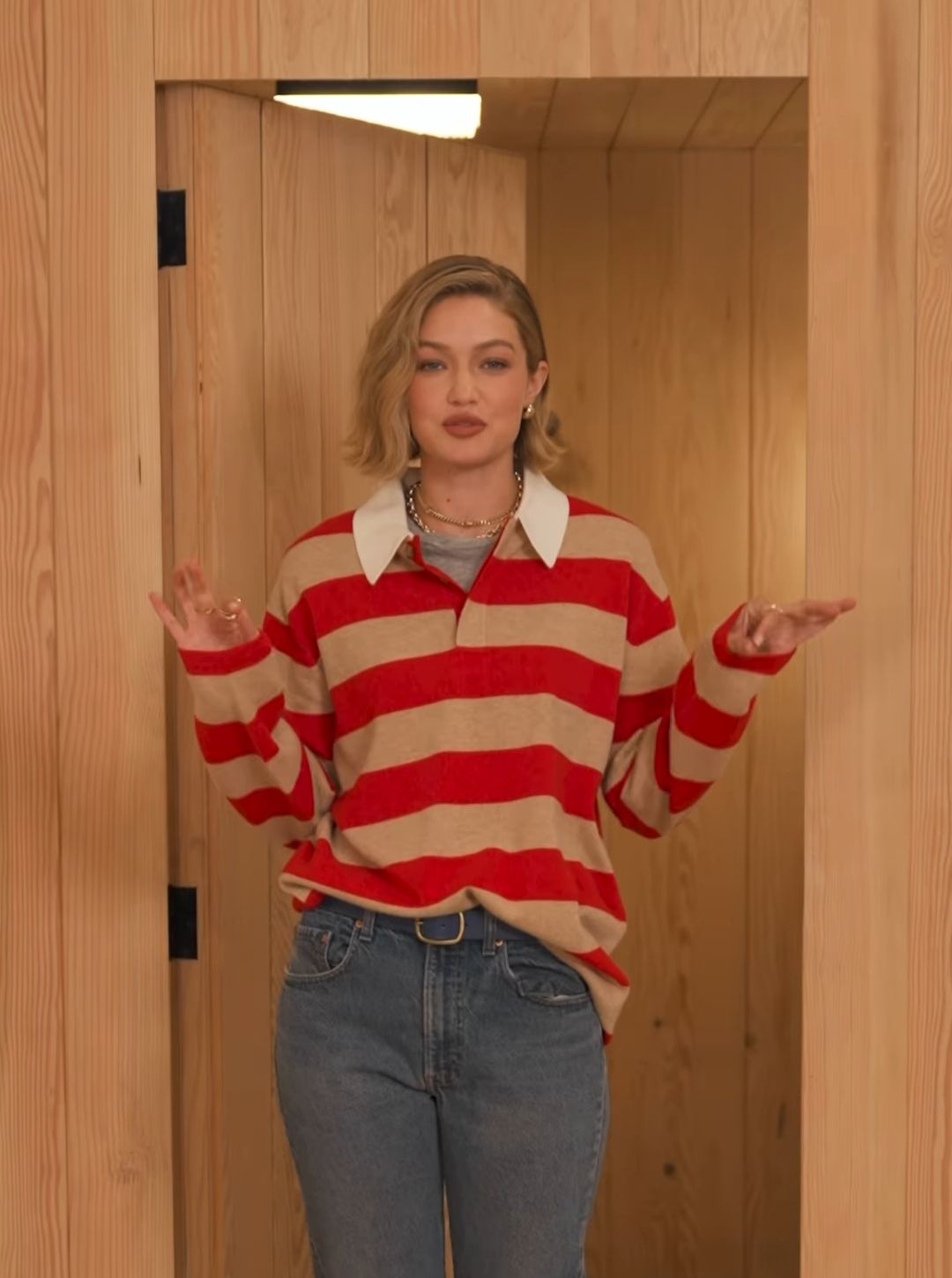 Gigi Hadid Red and Beige Polo Sweater — Horizontal Stripe Pattern