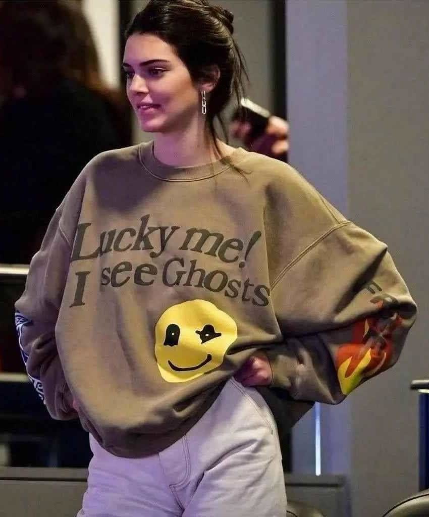 Kendall Jenner Brown Sweatshirt — Lucky me I See Ghosts Text, Yellow