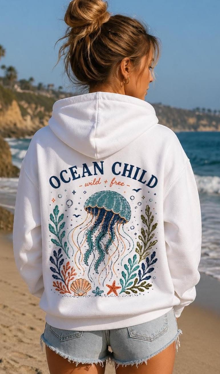 Casual White Hoodie — Jellyfish Graphic Print, 'ocean CHILD - Wild +