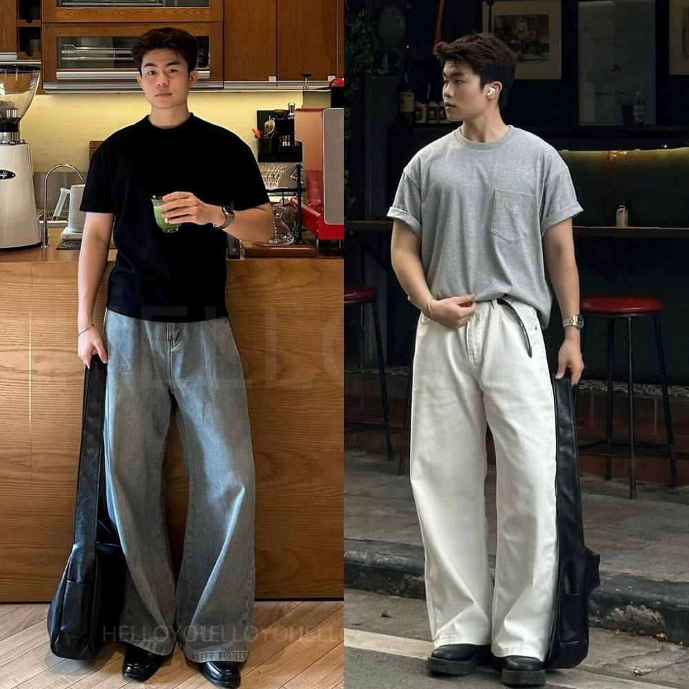 streetwear light wash blue jeans — high waist, full length