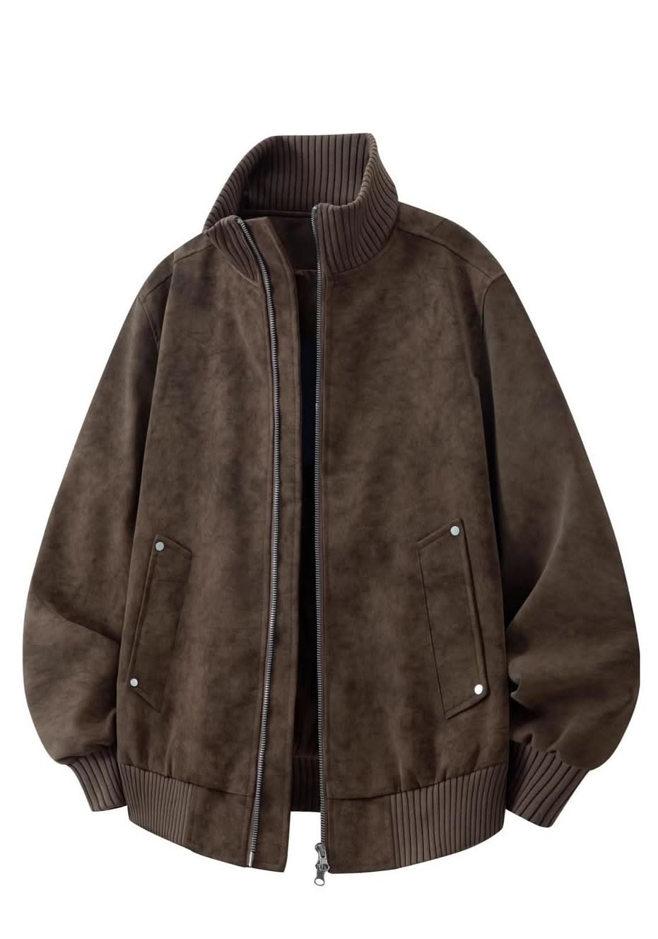 Casual Dark Brown Bomber Jacket — Stand Collar, Full Zip Closure
