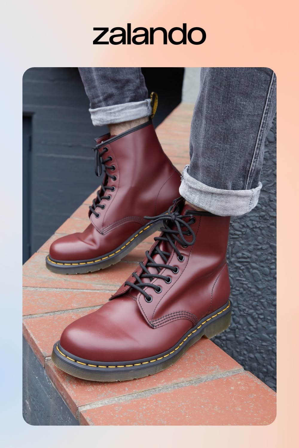 Dr. Martens Cherry Red Lace-up Boots — 8 Eyelets, Black Laces, Yellow