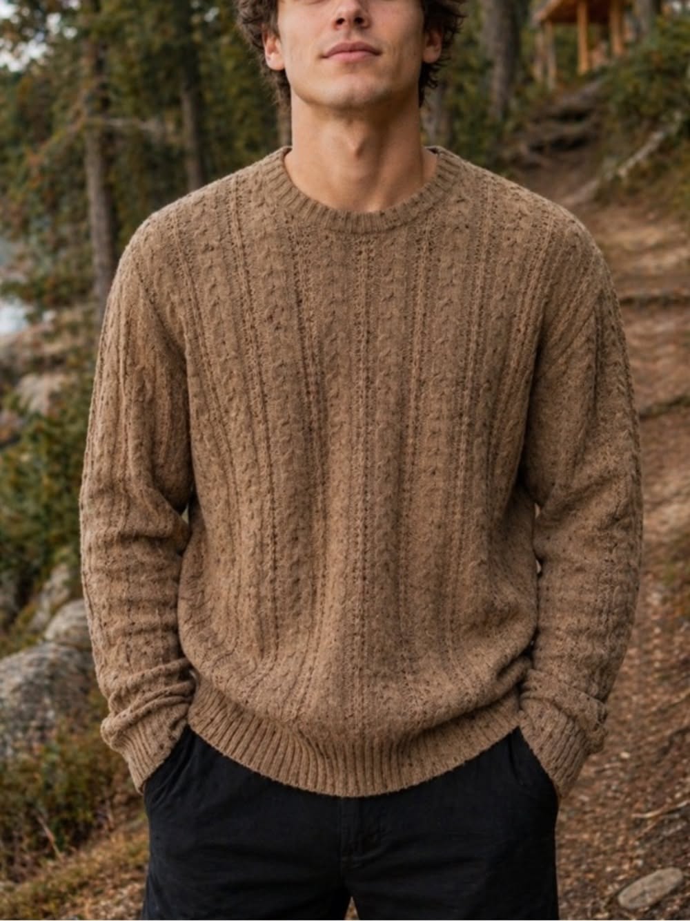 Wellen Tan Cable Knit Sweater — Crew Neckline, Vertical Cable Knit