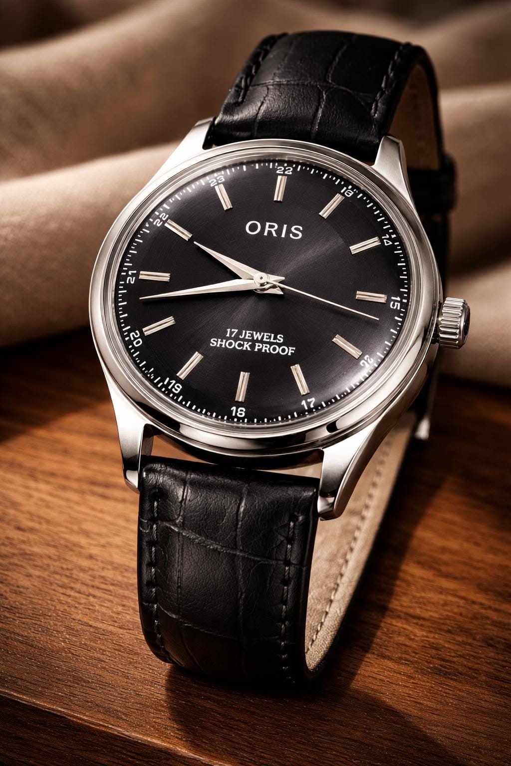 Oris Black Watch — Black Sunburst Dial, Silver-tone Baton Hour