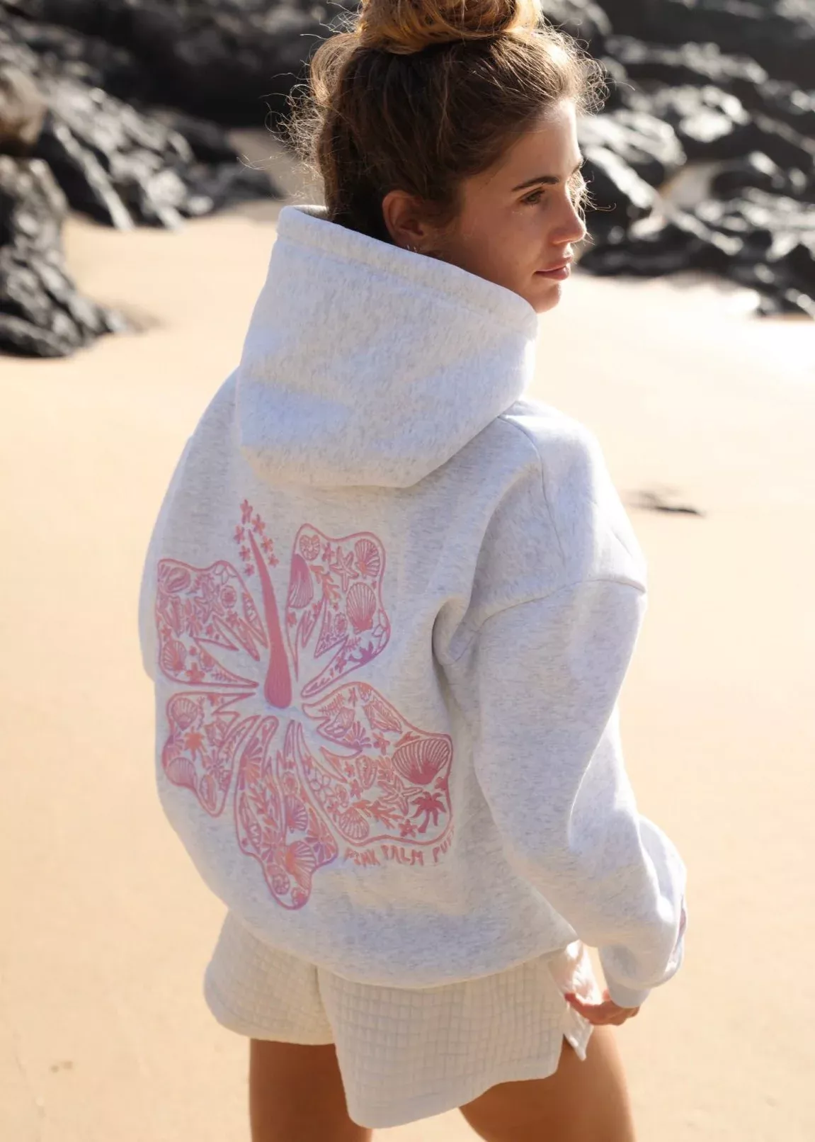 Pink Palm Puff Heather Grey Hoodie — Pink Hibiscus Floral Back